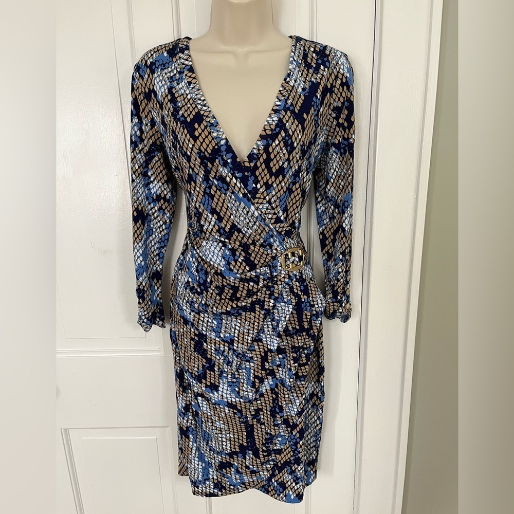 Cache Blue Tan Snake Print Faux Wrap Stretch Jers… - image 1